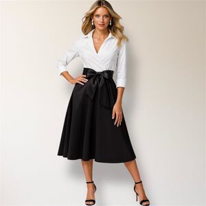 Boston Proper 2 Black White Wrap Midi‎ Dress Belted Waist Pockets Cocktail Party